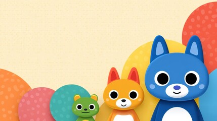 Fototapeta premium colorful illustration featuring cute cartoon animals, including a blue dog, an orange fox, and a green bear, set against a vibrant background of circles.