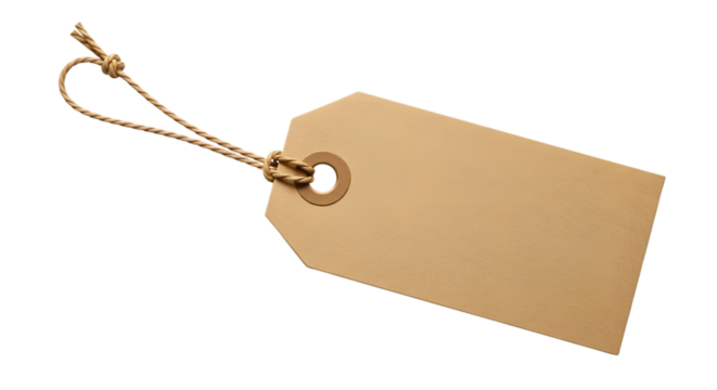 A blank, empty, brown kraft paper price tag with a string loop, isolated on a transparent background