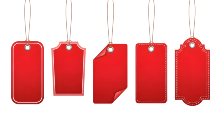 Collection of five different red price tags hanging isolated on transparent background