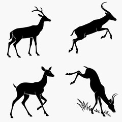 Four black silhouettes of antelopes and deer in various poses
