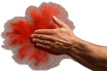 Hands clapping red holi color powder explosion burst, celebrating a festival, transparent background