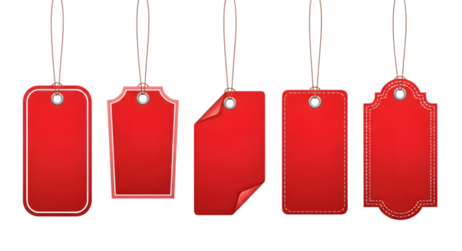 Collection of five different red price tags hanging isolated on transparent background - Powered by Adobe