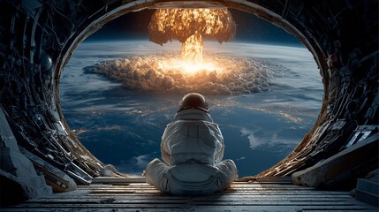 A lone astronaut in white space suit sits inside a spacecraft observing a massive nuclear explosion over Earth’s surface. The dramatic futuristic scene symbolizes isolation, existential reflection