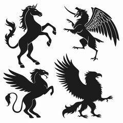 Fototapeta premium Four mythical creatures black silhouettes on white background