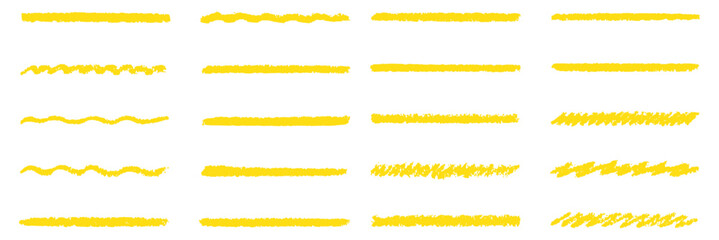 Chalk line underline brush set. Hand drawn crayon and pencil stroke with chalk texture and grunge mark for kid chalkboard design. Doodle border crayon underline in sketch style. Vector illustration 