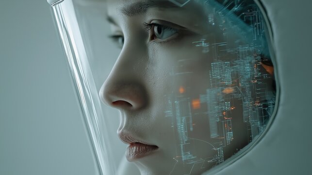 A close-up portrait of an Asian woman wearing a transparent protective helmet with digital reflections on the visor. The image symbolizes modern science, innovation, and advanced technology