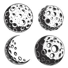 Four stylized moons with craters and phases lunar space