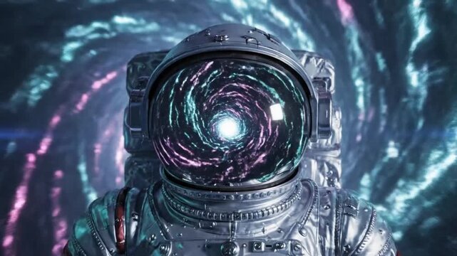 Astronaut floating in deep space with glowing wormhole reflection inside helmet creating futuristic sci fi concept of time travel cosmic exploration and interdimensional adventure background