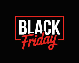 Black friday promotional graphic with white text in a red outlined box on a black background design sale