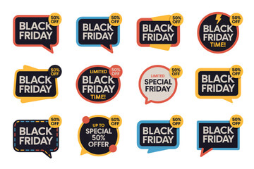 Obraz premium Collection of twelve black friday sale stickers with fifty percent off offers in various shapes and designs