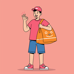 Cartoon illustration of a man with a bag and a smile, a worker character holding a cup of coffee