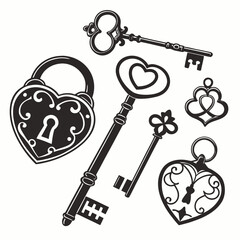 Ornate heart shaped lock and keys vintage design elements