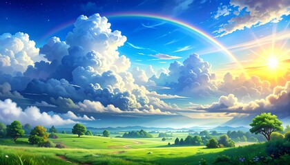 Naklejka premium Majestic rainbow over vibrant green hills under a brilliant blue sky with fluffy clouds and a radiant sun, creating a breathtaking and serene natural dreamscape
