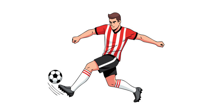 Dynamic illustration of a male soccer player in action, kicking a soccer ball with precision and agility on a white background, highlighting the thrill of the game
