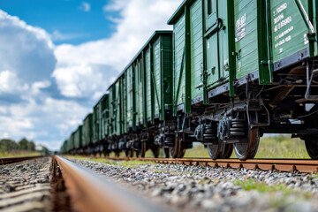 Obraz premium Freight train with long line of cargo wagons in countryside