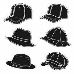 Six black and white outline illustrations of various hats