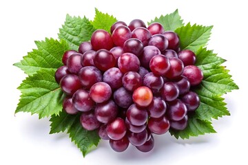 Fototapeta premium Fresh ripe red seedless grapes with green leaves on a white background