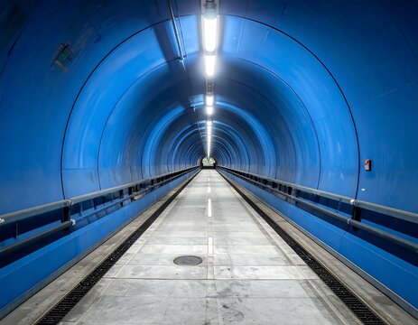 A long, blue, circular tunnel with a central path and lights