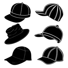 Six black silhouette hats on white background baseball cap