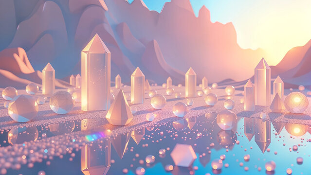 A surreal landscape where translucent, geometric shapes rise from a serene reflective surface, emitting a soft luminescence. Inhabitants, composed of intricate crystals, glide effortlessly amid hologr