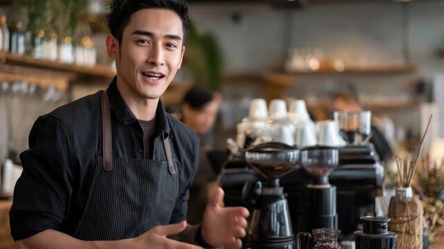 Young Asian man working as a barista in a modern coffee shop, preparing beverages and engaging with customers in a vibrant urban setting during the afternoon