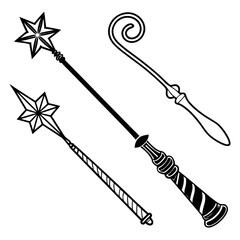 Three black and white magic wands with star and swirl designs