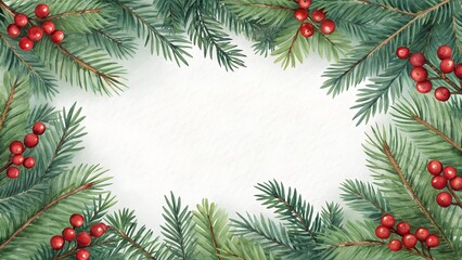 Festive watercolor pine branches and bright red berries create a stunning holiday border for your seasonal greetings and designs, perfect for Christmas and New Year celebrations