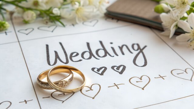 Elegant gold wedding rings rest on a calendar marking the special day, surrounded by delicate white blossoms, symbolizing love, commitment, and a memorable celebration