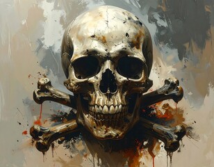 Rendered image of a human skull with crossbones and a splatter background