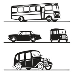 Vintage bus and cars silhouette collection retro transportation