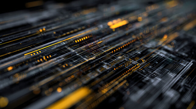 An abstract technological design showcasing intricate circuits, lines, and an interplay of light