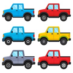 Collection of six colorful, cartoon-style pickup trucks in various hues