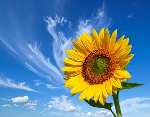 Obraz premium A vibrant yellow sunflower in full bloom against a bright, cloudy sky