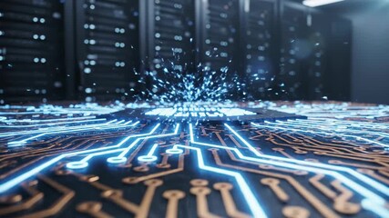 Server room with network circuit board in foreground, technology concept - Powered by Adobe