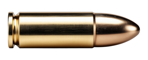 Single brass bullet cartridge with copper tip, isolated on transparent background