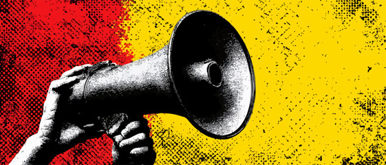 확성기를 들고 있는 손의 벡터 일러스트레이션으로, 소셜 미디어에서 메시지를 증폭시키고 영향력을 행사하는 것을 상징합니다.