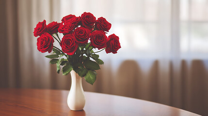 Fototapeta premium Bouquet of red roses in vase on wooden table in living room