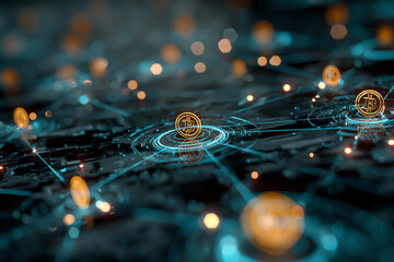 Digital Gold Rush: A mesmerizing abstract rendering of gold coins interlinked in a network, highlighting the innovative concept of digital finance and the evolution of financial infrastructure.