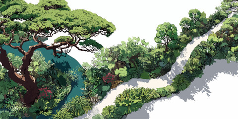 푸른 나무와 숲길이 어우러진 아름다운 벡터 일러스트레이션으로, 자연의 평화로움과 생동감을 느낄 수 있습니다.