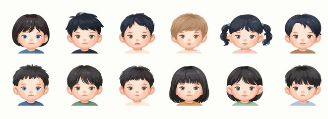 다양한 헤어스타일을 가진 귀여운 아이들의 얼굴 벡터 일러스트레이션으로, 긍정적이고 밝은 분위기를 연출합니다.