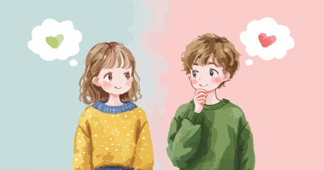 사랑에 빠진 귀여운 커플의 벡터 일러스트레이션으로, 행복한 감정을 표현하고 로맨틱한 분위기를 자아냅니다.