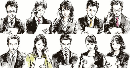 다양한 직업군의 사람들이 서류를 보거나 전화를 받는 모습을 벡터 드로잉 스타일로 표현한 일러스트입니다.