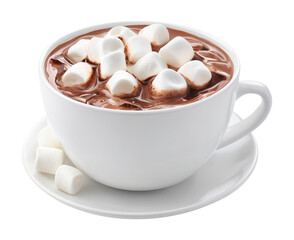 Hot chocolate drink topped with marshmallows in white cup and saucer, isolated on transparent background