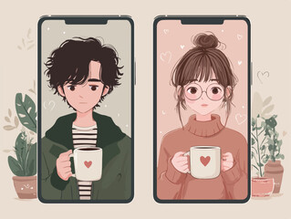 스마트폰 화면 속 커피를 든 젊은 남녀의 벡터 일러스트레이션으로, 따뜻하고 로맨틱한 분위기를 연출합니다.