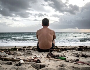A lone figure sits on a sandy beach, gazing out at a stormy ocean