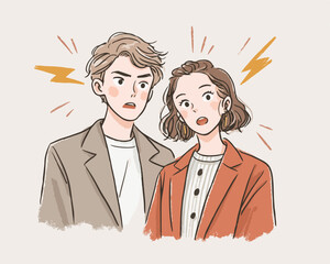 화난 표정의 젊은 남녀가 언쟁을 벌이는 벡터 일러스트레이션으로, 갈등과 오해의 감정을 생생하게 묘사했습니다.