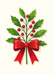 Christmas holly branch with red berries and bow, festive holiday decoration, isolated