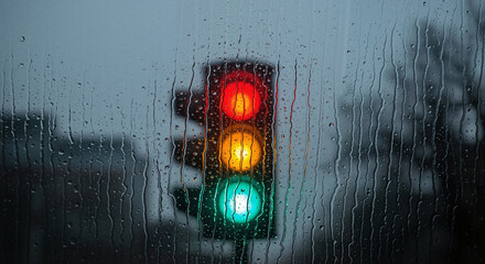 Traffic light seen through rain-streaked glass in dimmed colors  