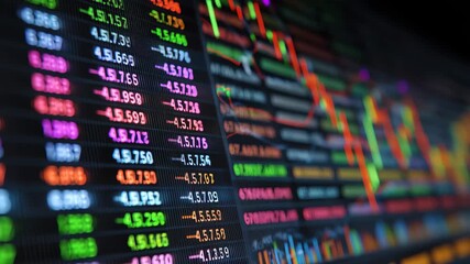 Stock market quotes display with dynamic price movements and data visualizations during trading hours in a financial district - Powered by Adobe