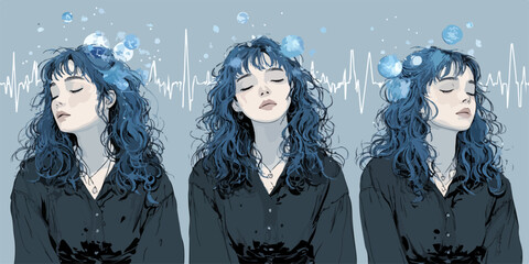 몽환적인 분위기 속에서 명상하는 여성, 심전도 파형과 물방울이 맴도는 모습